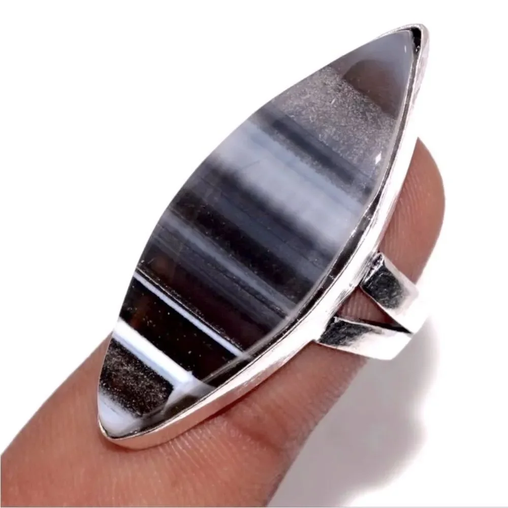 NEW 925 Sterling Silver Owyhee Opal Striped Gemstone Statement Ring Size 8.75